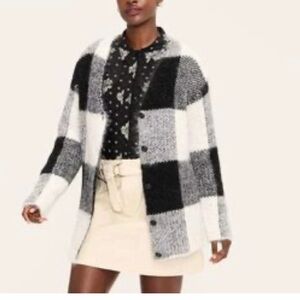 Woolrich Black & White Plaid Checkered Fuzzy Boxy Comfy Cardigan Sweater